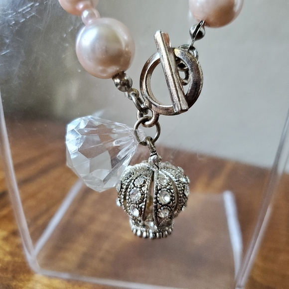 "MFIL / Parisian Style" Pink Bead Pave Crown Crystal Necklace - Picture 2 of 3